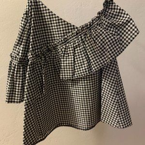 Checker printed one-shoulder blouse